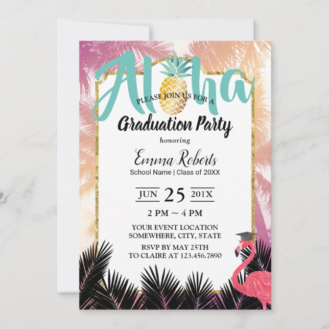 Invitación Fiesta de Graduación Pineapia Tropical y Árbol de  (Anverso)