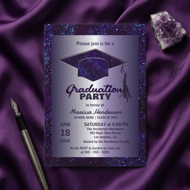 Invitación Fiesta de Graduación Purpura Brillo Plateado Deste (Subido por el creador)