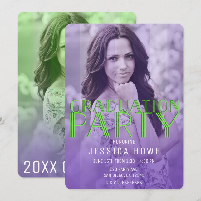 Invitación Fiesta de graduación púrpura verde lima Foto de gr (Anverso / Reverso)