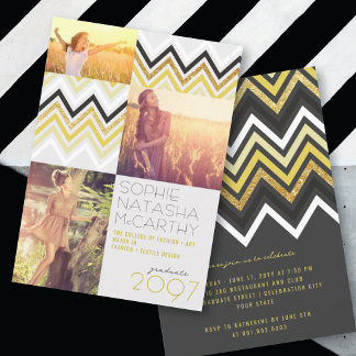 Invitación Fiesta de Graduación Rayas de Chevron Chic Brillo