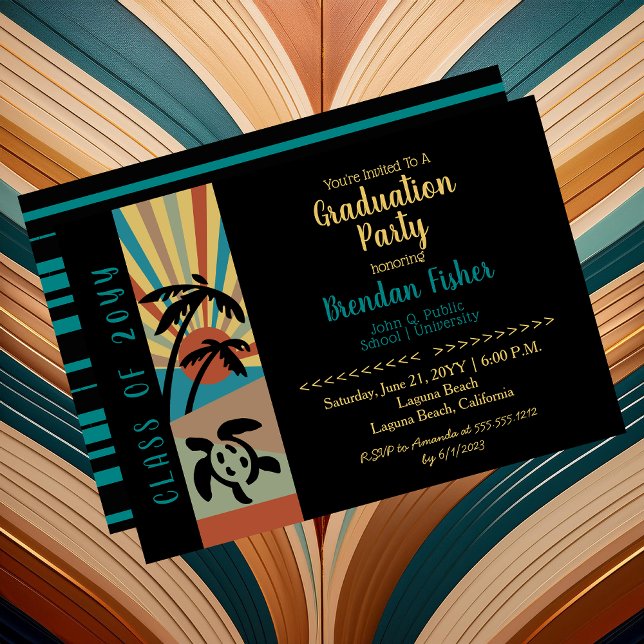 Invitación Fiesta de Graduación Retro Beach Sunset Scene (Retro Beach Sunset Scene Graduation Party Invitation -- Print | Download)