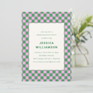 Invitación Fiesta de Graduación Retro de Cuadros Verdes y Ros