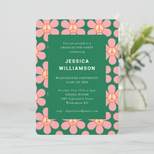 Invitación Fiesta de graduación retro flores paz rosa verde
