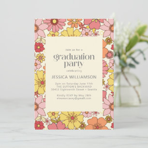 Invitación Fiesta de graduación retro rosa amarillo floral gr