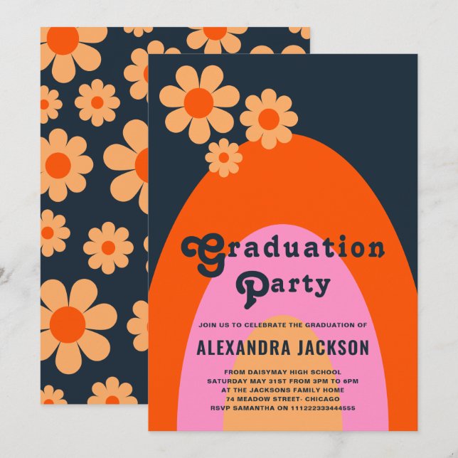Invitación Fiesta de graduación retro vintage (Anverso / Reverso)