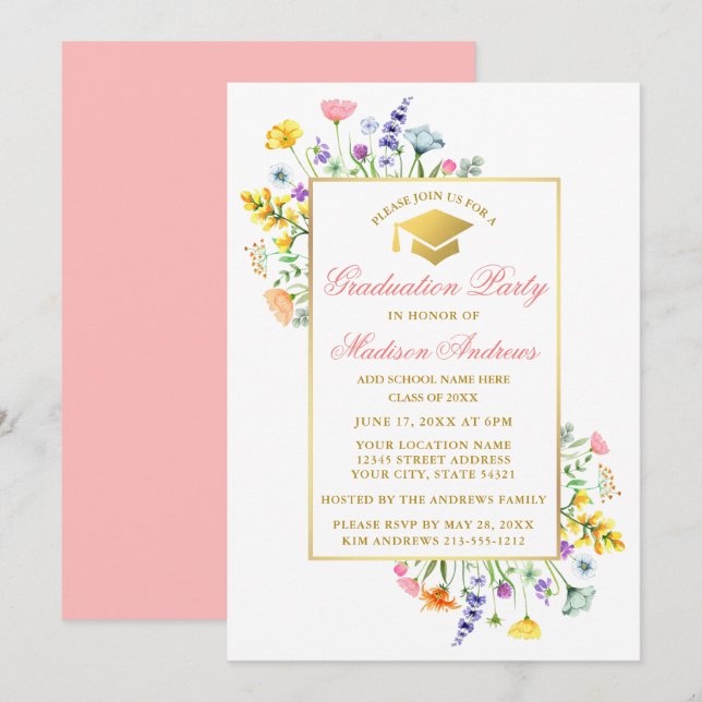 Invitación Fiesta de Graduación Rosa Dorada de Flores Silvest (Anverso / Reverso)