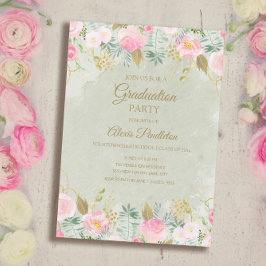 Invitación Fiesta de Graduación Rosa Floral Verde Oro