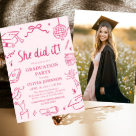 Invitación Fiesta de Graduación Rosa Lo Hizo Dibujado a Mano 