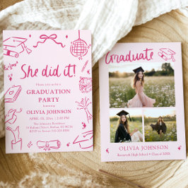 Invitación Fiesta de Graduación Rosa Lo Hizo Dibujado a Mano 