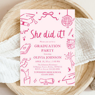 Invitación Fiesta de Graduación Rosa Moderna Dibujada a Mano 