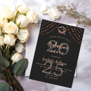 Invitación Fiesta de graduación rosa negro estrellas de oro a