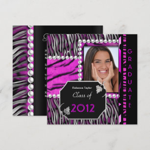 Invitación Fiesta de Graduación Rosa Negro Plata Leopardo Ceb