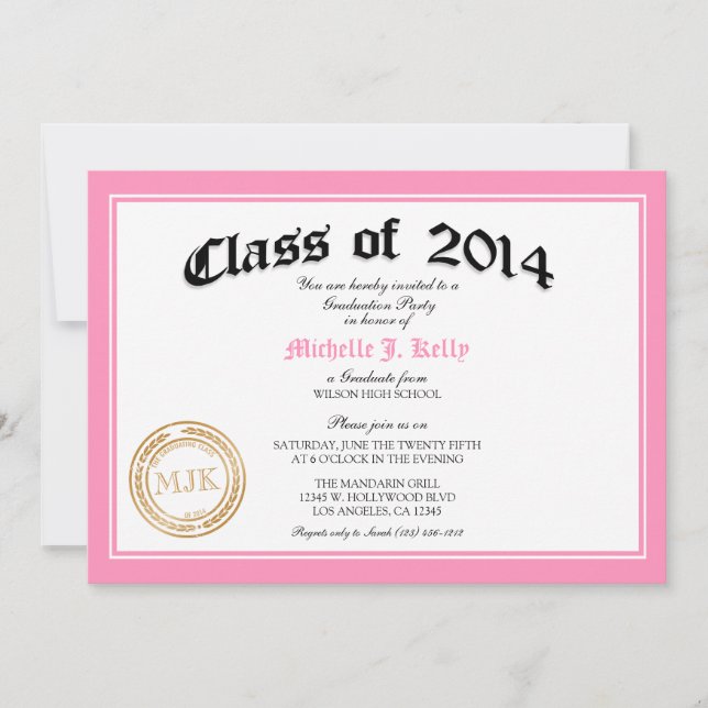 Invitación Fiesta de graduación rosada del diploma 2014 (Anverso)