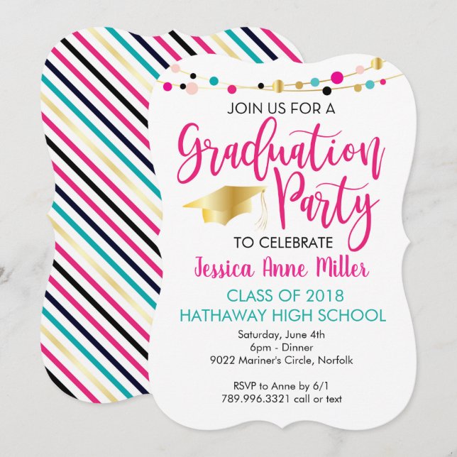 Invitación Fiesta de graduación rosada del oro de las luces (Anverso / Reverso)