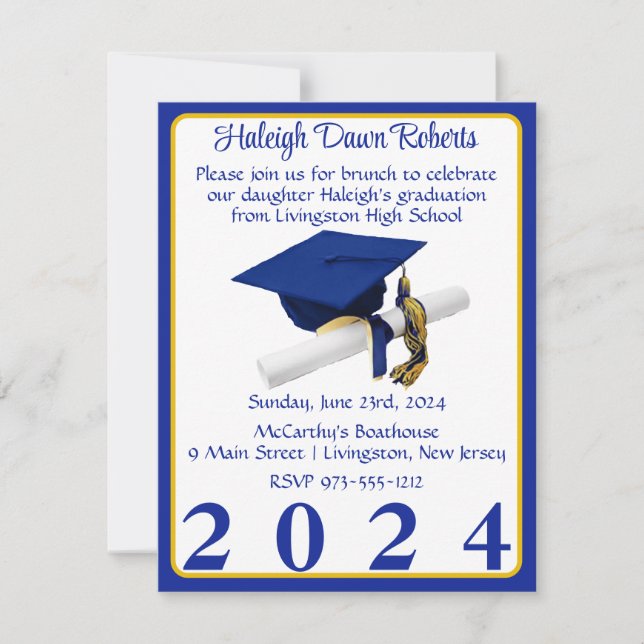 Invitación Fiesta de graduación Royal Blue & Gold de Cap & Di (Anverso)