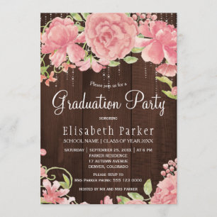 Invitación Fiesta de graduación rústica de rosas rosados