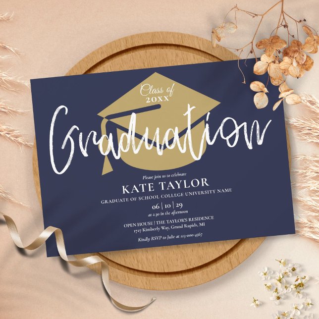 Invitación Fiesta de Graduación Script Navy Blue y Gold Grad (Subido por el creador)