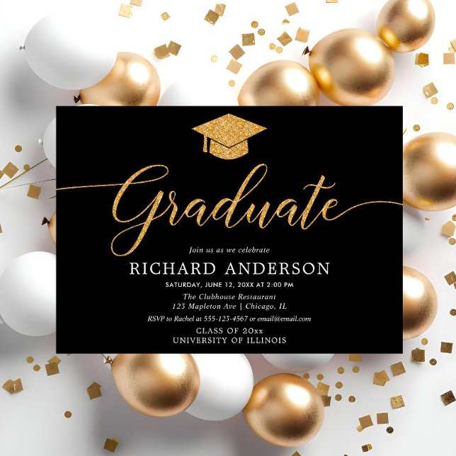 Invitación Fiesta de graduación simple en negro y oro Graduad (Subido por el creador)