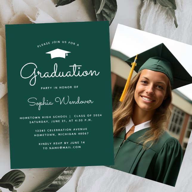 Invitación Fiesta de graduación simple moderna verde blanco 2 (Subido por el creador)