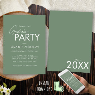Invitación Fiesta de Graduación Tipografía Verde Sage Chic Mo