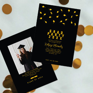 Invitación Fiesta de Graduación Tiro de Gorra Negro y Dorado 