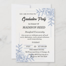 Invitación Fiesta de Graduación Tradicional Floral Azul Elega