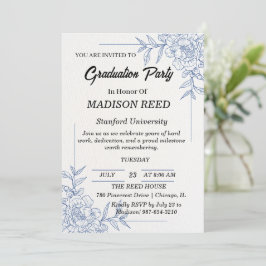 Invitación Fiesta de Graduación Tradicional Floral Azul Elega