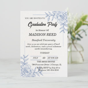 Invitación Fiesta de Graduación Tradicional Floral Azul Elega