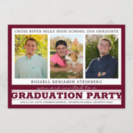 Invitación Fiesta de graduación Tres fotos Marrón y plata