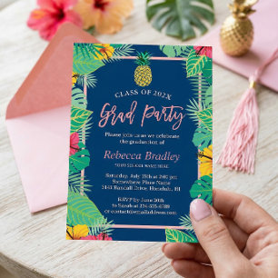 Invitación Fiesta de Graduación Tropical Azul Marino Piña Dor