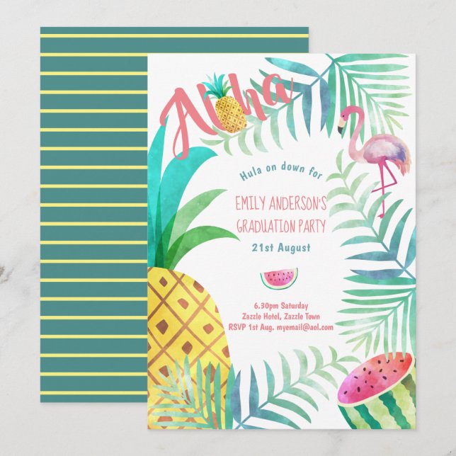 Invitación Fiesta de Graduación Tropical de Frutas invita al  (Anverso / Reverso)