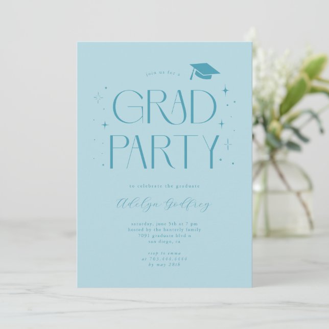 Invitación Fiesta de Graduación Turquesa con Tipografía Capri (Anverso de pie)