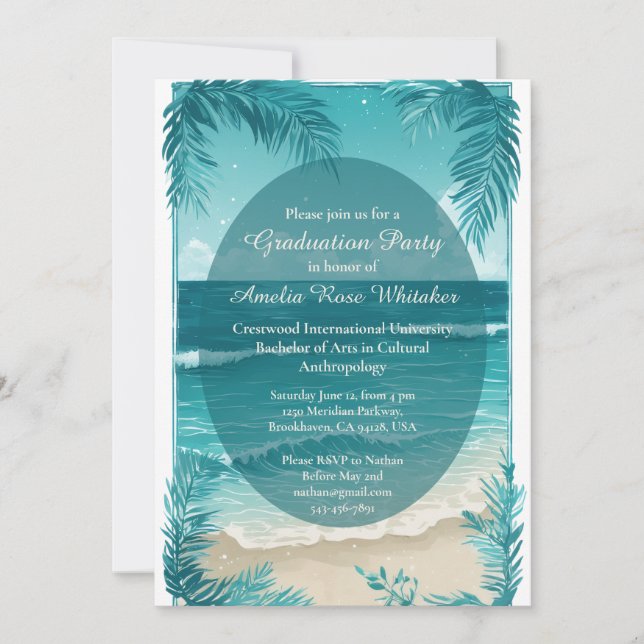 Invitación Fiesta de Graduación Turquesa de Playa Tropical Mo (Anverso)