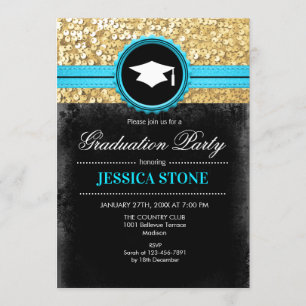 Invitación Fiesta de graduación - turquesa negra del oro