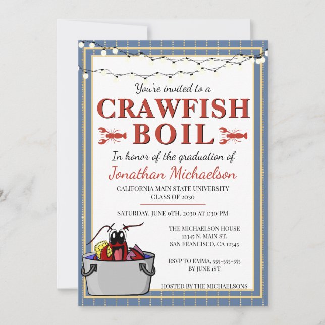 Invitación Fiesta de Graduación Universitaria Crawfish Boil (Anverso)