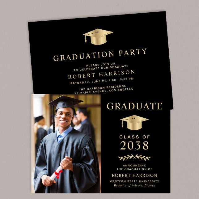 Invitación Fiesta de Graduación Universitaria Elegante en Neg (An elegant college graduation party invitation to celebrate the graduate's achievements)