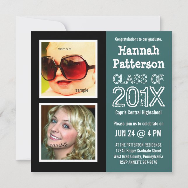 Invitación Fiesta de graduación verde azulada con 2 fotos (Anverso)