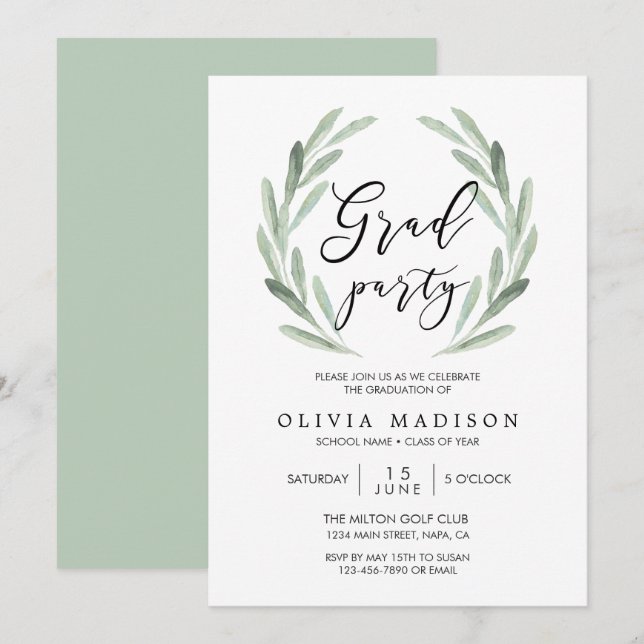 Invitación Fiesta de graduación verde de la guirnalda de la (Anverso / Reverso)
