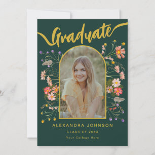 Invitación Fiesta de Graduación Verde Floral de Fotos Moderna