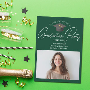 Invitación Fiesta de Graduación Verde Oscuro Chic Foto de Gra