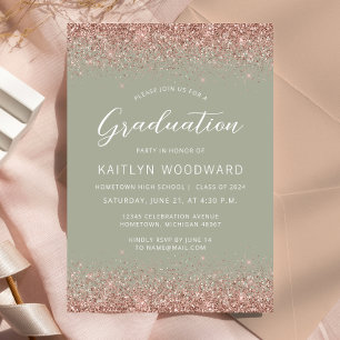 Invitación Fiesta de Graduación Verde Salvia Dorado Rosa Bril
