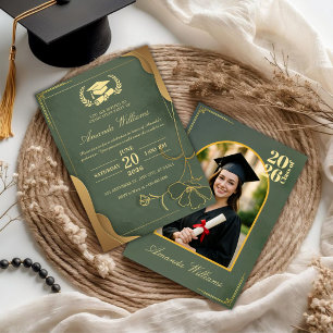 Invitación Fiesta de Graduación Verde y Dorado Elegante