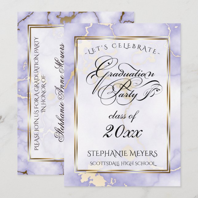 Invitación Fiesta de Graduación Violeta y Mármol de Oro (Anverso / Reverso)