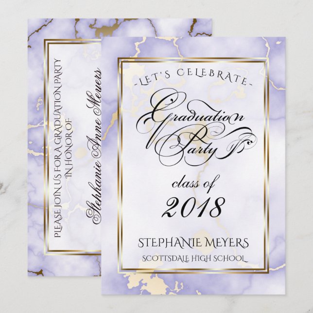 Invitación Fiesta de Graduación Violeta y Mármol de Oro (Anverso / Reverso)