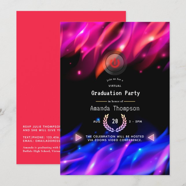 Invitación Fiesta de Graduación Virtual Neon Glow Flames (Anverso / Reverso)