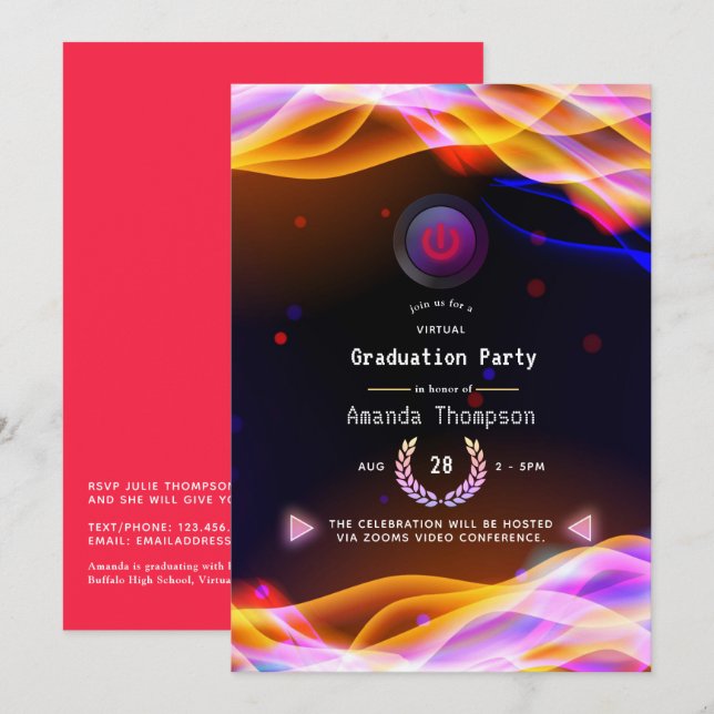 Invitación Fiesta de Graduación Virtual Neon Glow Flames (Anverso / Reverso)