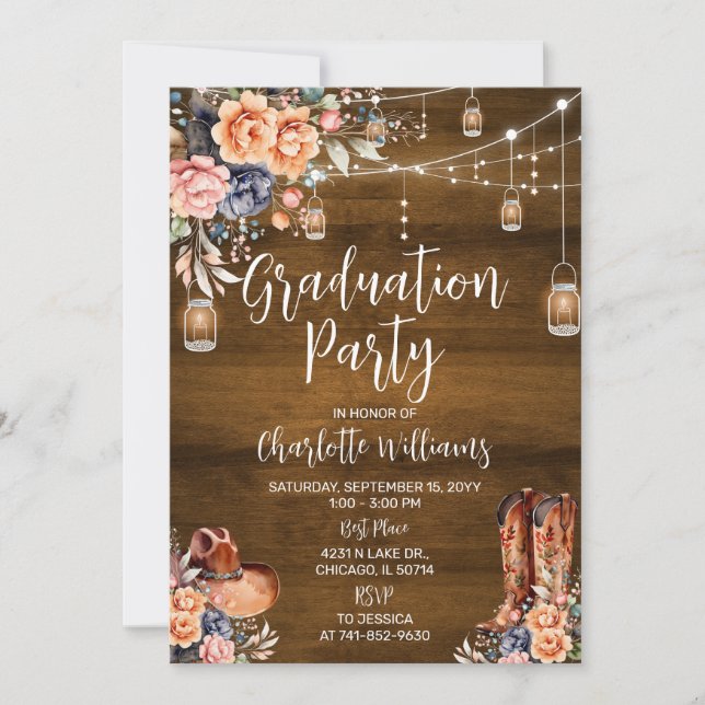 Invitación Fiesta de Graduación Western Rústica (Anverso)