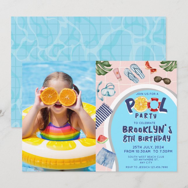Invitación Fiesta de Guay Pool Foto Cumpleaños (Anverso / Reverso)