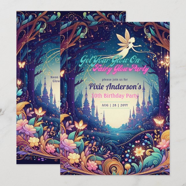 Invitación Fiesta de hadas brillante tema cuento de hadas bos (Anverso / Reverso)