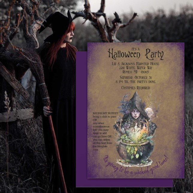 Invitación Fiesta de Halloween (Wicked witch brewing up some Halloween magic on this party invitation.)